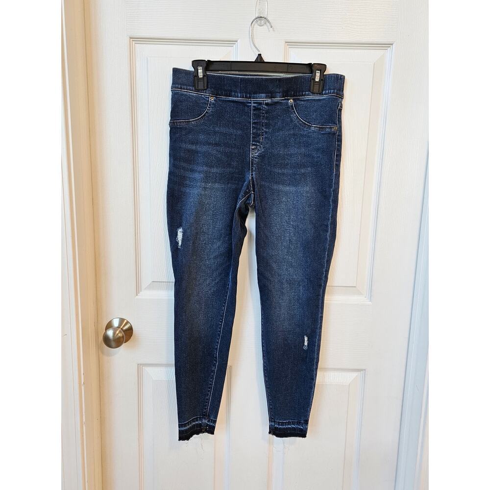 SPANX Petite Pull On Skinny Jeans Womens Large Dark Wash Distressed Raw Hem